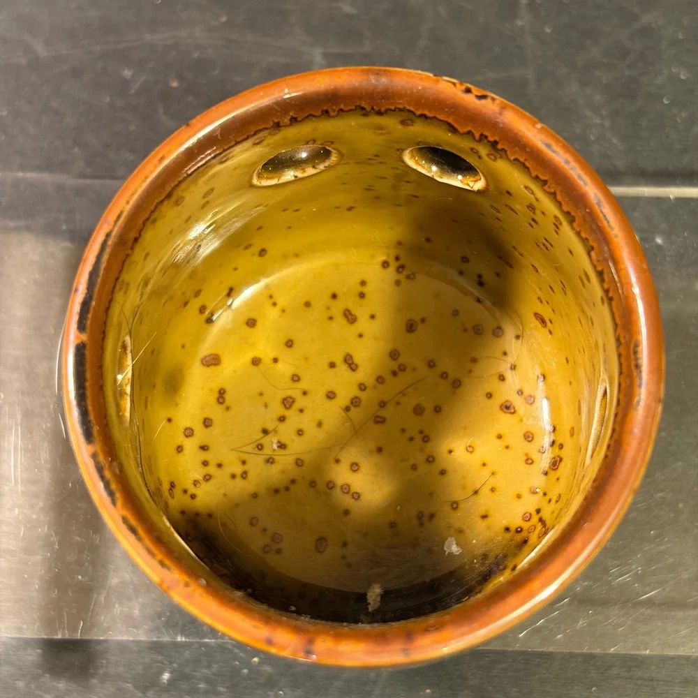 Vintage Ceramic Face Tea Light Candle Holder Speckled Brown Yellow Glaze